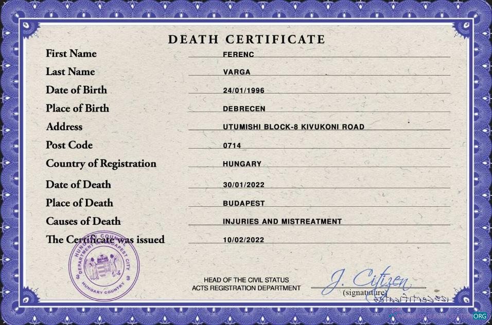 Download Hungary vital record death certificate PSD Photoshop template